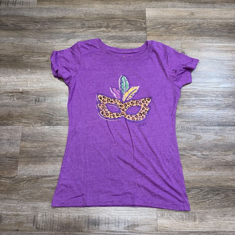 Mardi Gras Masquerade Mask Shirt Womens Medium (8/10) Purple Gold Short Sleeve